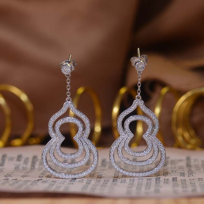 2023 New Chinese Style Gourd Stud Earrings S925 Silver Moissanite Popular Long Diamond Set Diamond Premium Stud Earrings