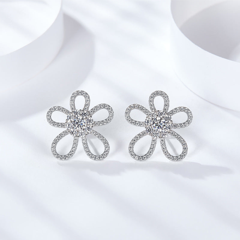 Fall/Winter 2021 New Full Diamond Moissanite Inlaid Hollow Flower Women's Sterling Silver Petal Stud Earrings