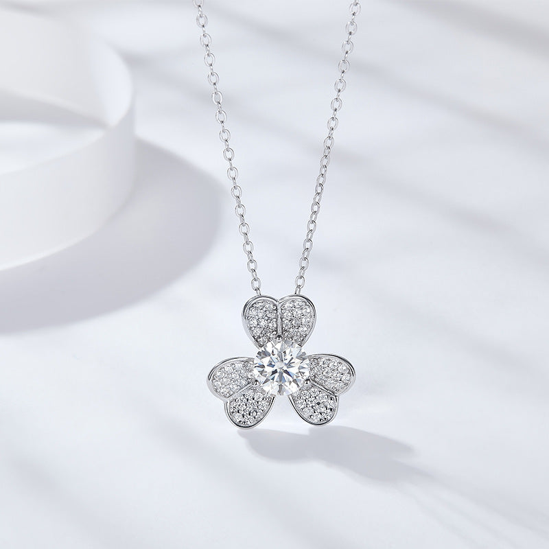 New Clover Petal Pendant 6.5mm Round Moissanite S925 Silver Gold Plated Necklace