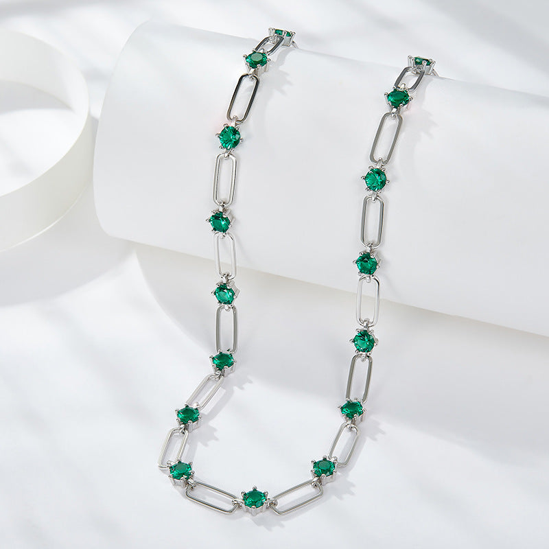 Ins style stacked 4.5mm round imitation emerald silver plated 18k gold paper clip necklace