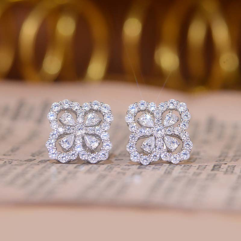 Four-leaf clover earrings 5A zircon water drop encircled women's small fresh stud earrings