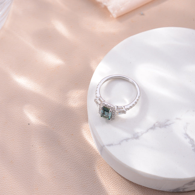 5*7mm emerald cut green moissanite over diamond pen silver plated 18k gold ladies full moissanite ring